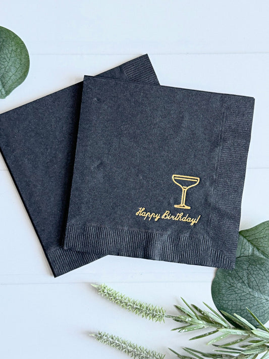 Black Happy Birthday Coupe Glass Cocktail Napkins