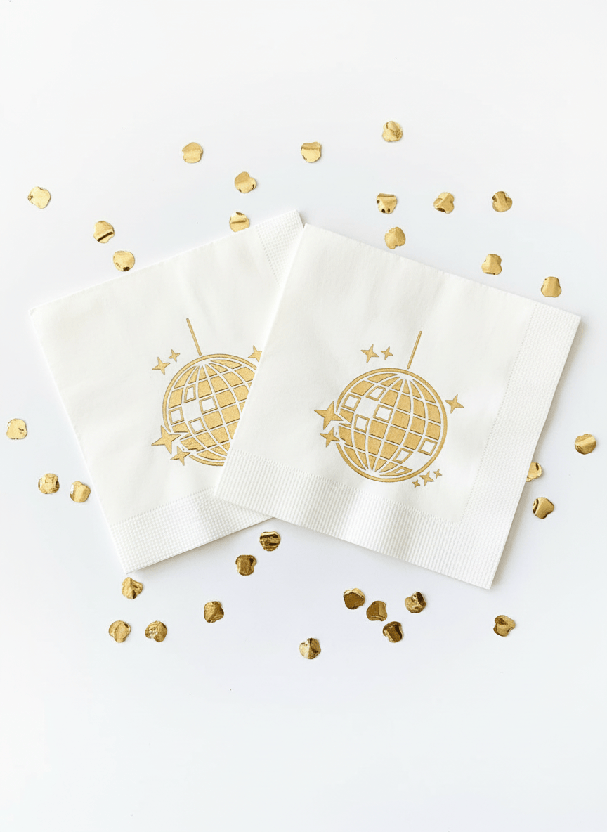 Disco Ball Cocktail Napkins - Gold Foil Party Napkins for Bachelorette & NYE