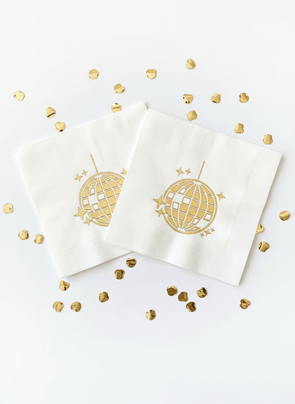 Disco Ball Cocktail Napkins - Gold Foil Party Napkins for Bachelorette & NYE