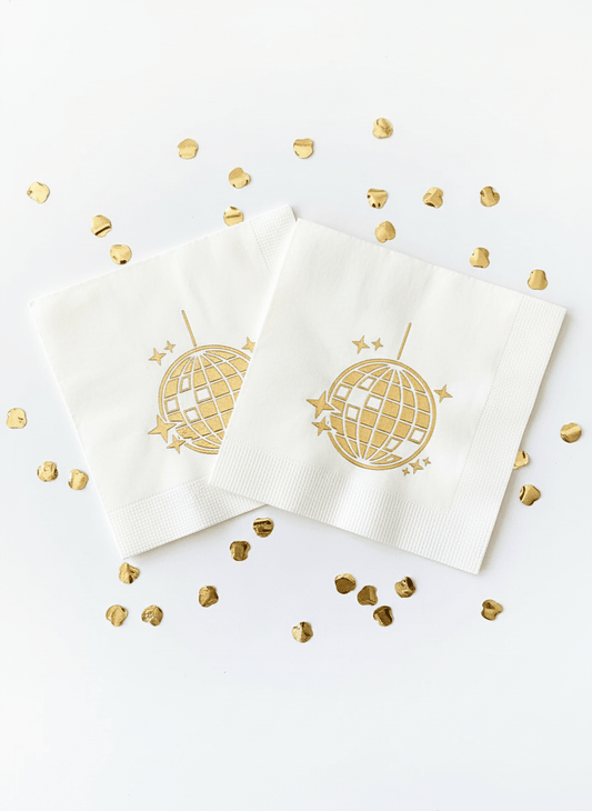 Disco Ball Cocktail Napkins - Gold Foil Party Napkins for Bachelorette & NYE