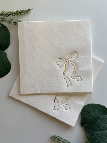 She's Tying the Knot Cocktail Napkins - Gold Foil Bow on White - Coquette Bridal Shower