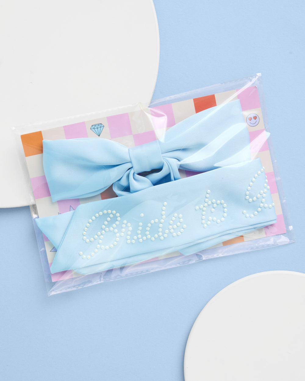 Bride To Be Pearl Bow - light blue satin + pearl logo