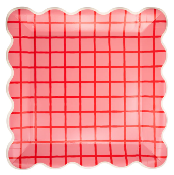 Red and Pink Grid Scallop Square Plate