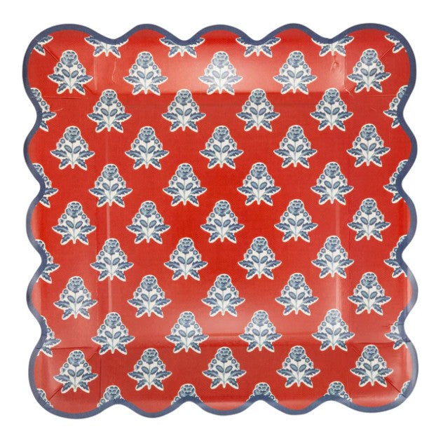 Red Block Floral Paper Plate - 9"