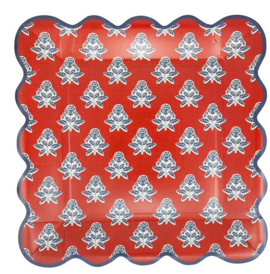 Red Block Floral Paper Plate - 9"