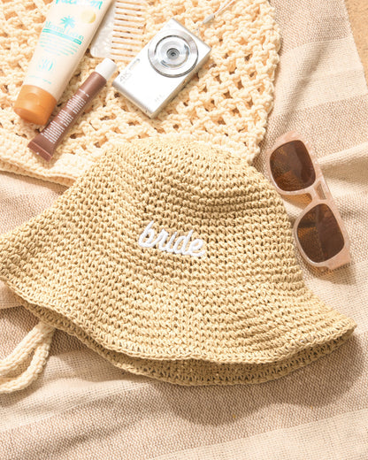 Straw Bride Bucket Hat - embroidered hat