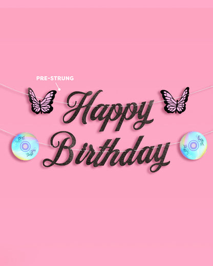 Y2K Birthday Banner - black glitter banner