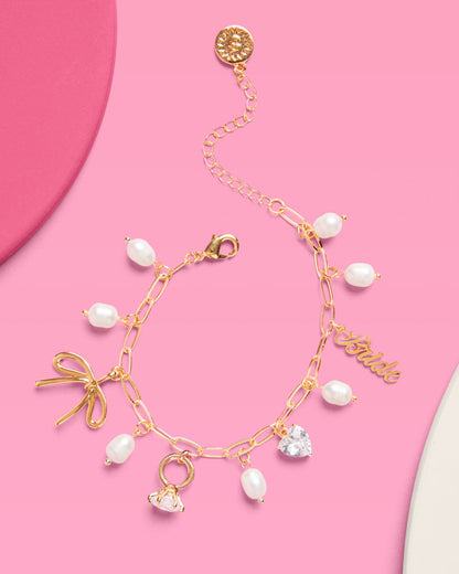 Bride Charm Bracelet - gold, rhinestones + pearls