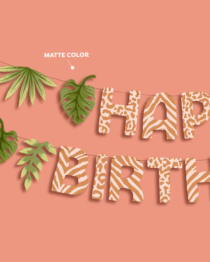 Safari Birthday Banner - animal print + leaf icons