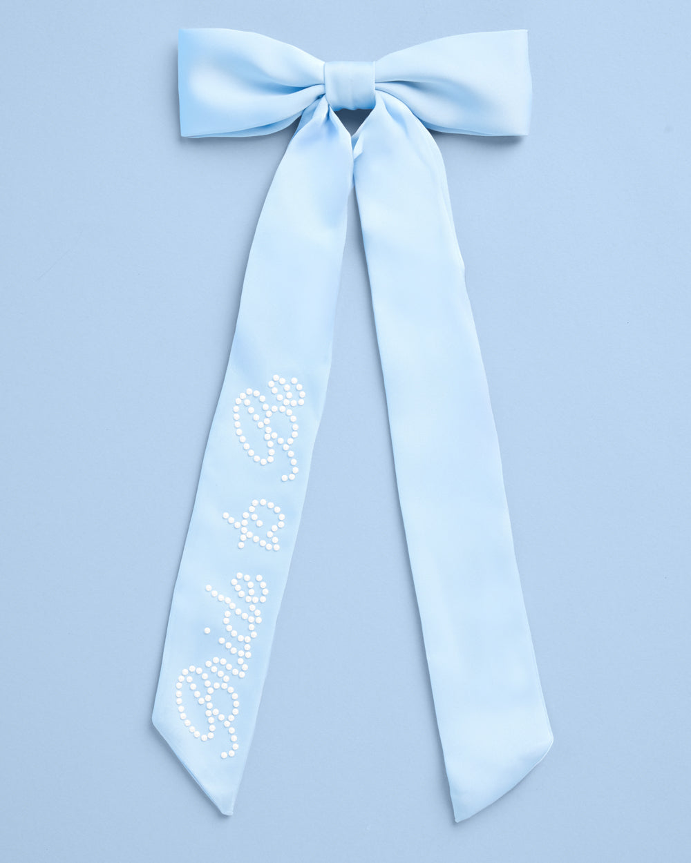 Bride To Be Pearl Bow - light blue satin + pearl logo
