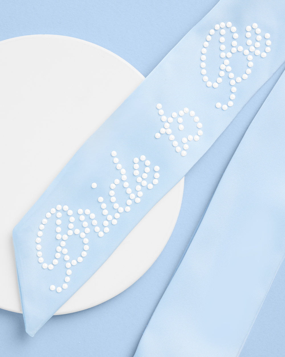 Bride To Be Pearl Bow - light blue satin + pearl logo