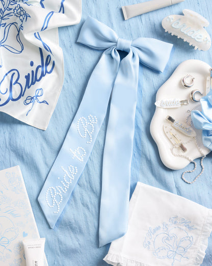 Bride To Be Pearl Bow - light blue satin + pearl logo