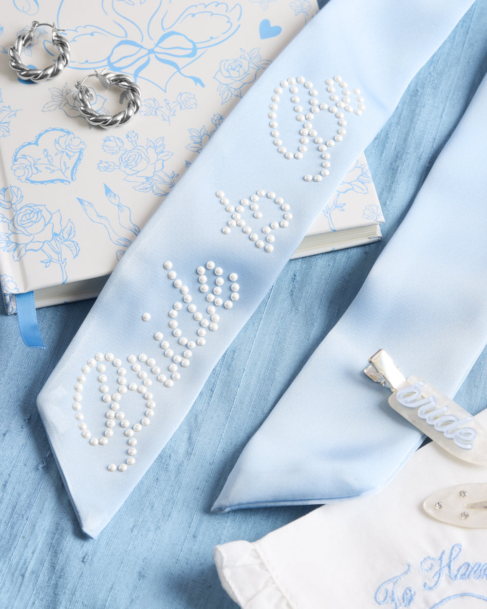Bride To Be Pearl Bow - light blue satin + pearl logo