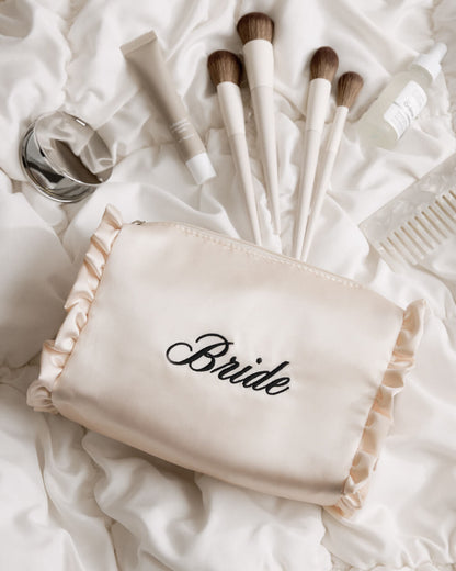 Embroidered Bride Satin Ruffle Cosmetic Bag - cream bag