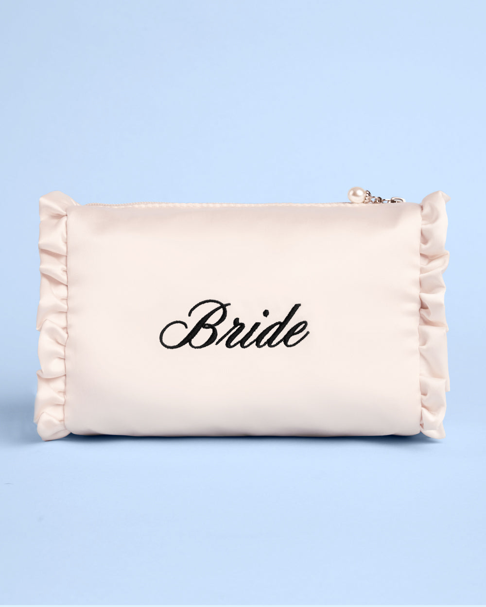 Embroidered Bride Satin Ruffle Cosmetic Bag - cream bag