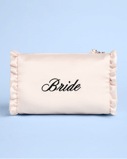 Embroidered Bride Satin Ruffle Cosmetic Bag - cream bag