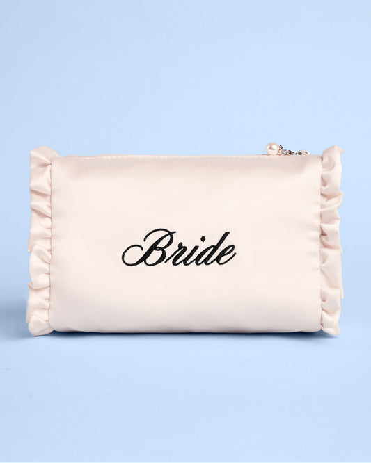 Embroidered Bride Satin Ruffle Cosmetic Bag - cream bag