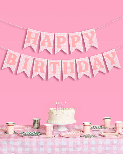 Gingham Birthday Banner - pre-strung banner