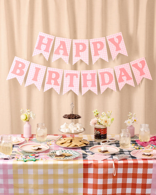 Gingham Birthday Banner - pre-strung banner