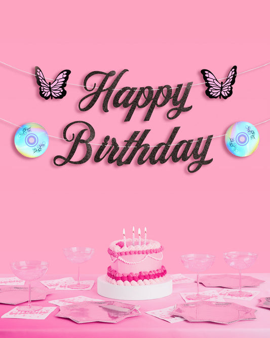 Y2K Birthday Banner - black glitter banner