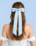 Bride To Be Pearl Bow - light blue satin + pearl logo