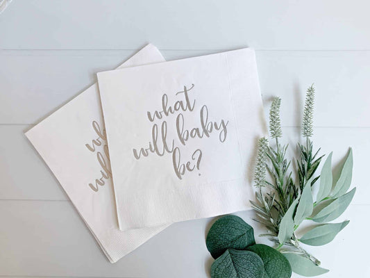 Gender Reveal What Will Baby Be? Napkins - White with Silver