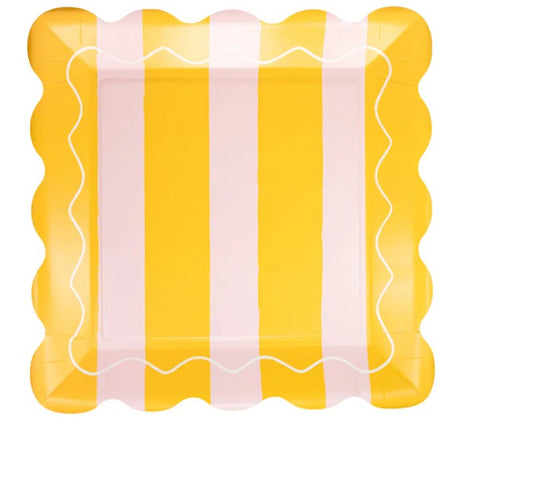 Yellow & Pink Striped Scalloped Square Plate