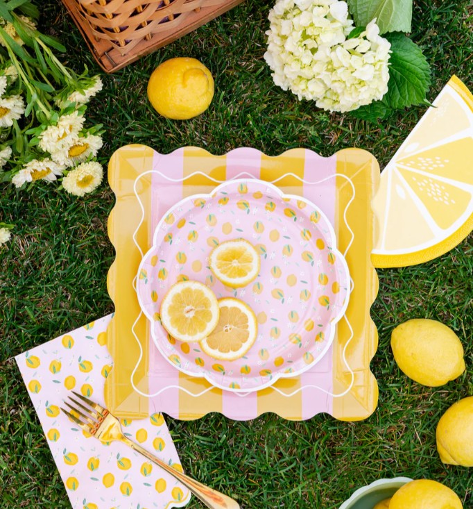 Yellow & Pink Striped Scalloped Square Plate